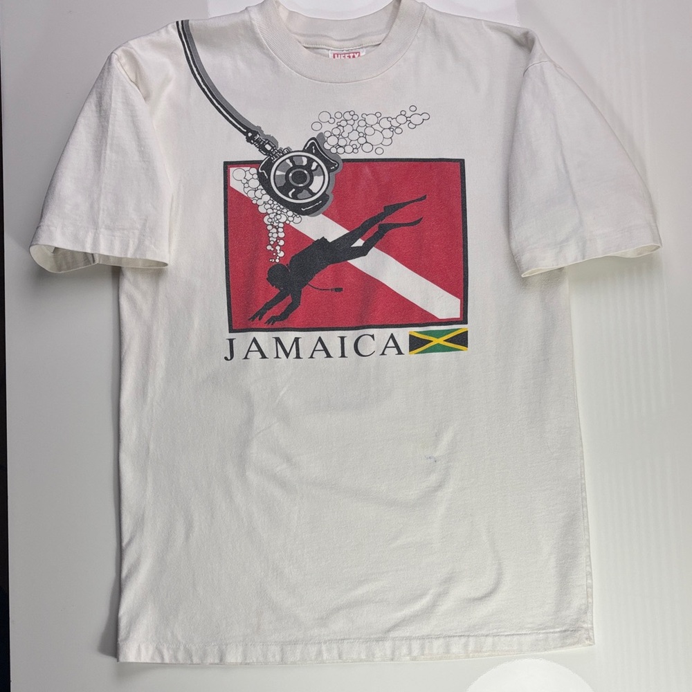 90’s DOUBLE SIDED Red Stripe Lager Beer Diving Graphic White T-Shirt